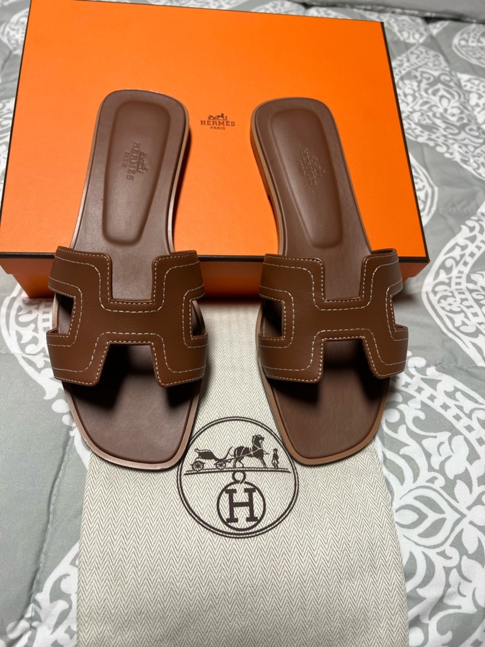 Hermes Brown Oran Leather Slide Sandals